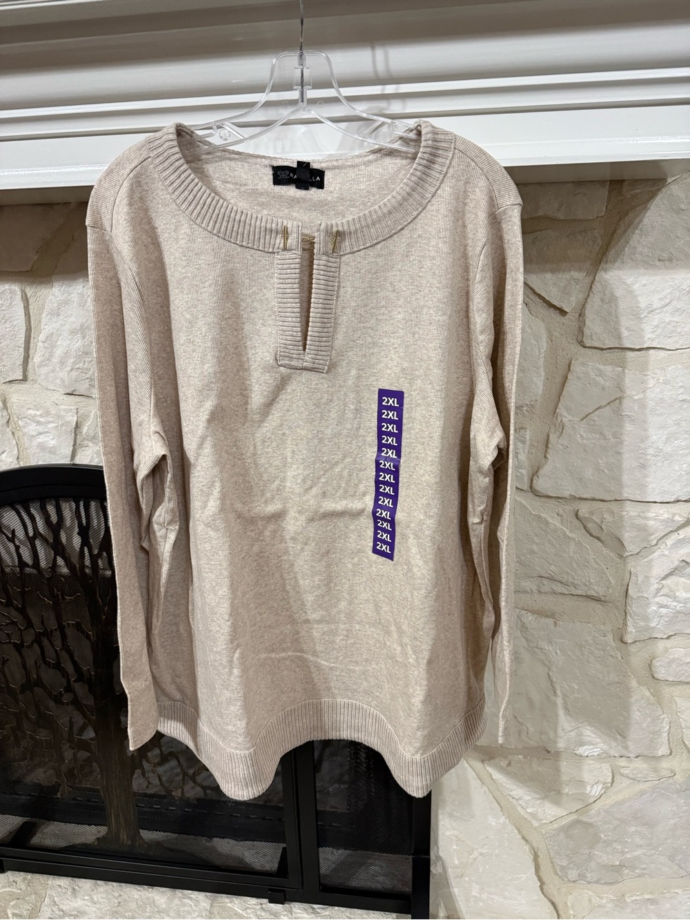 Rafaella Cream Long-Sleeve Notch Neck Knit Top